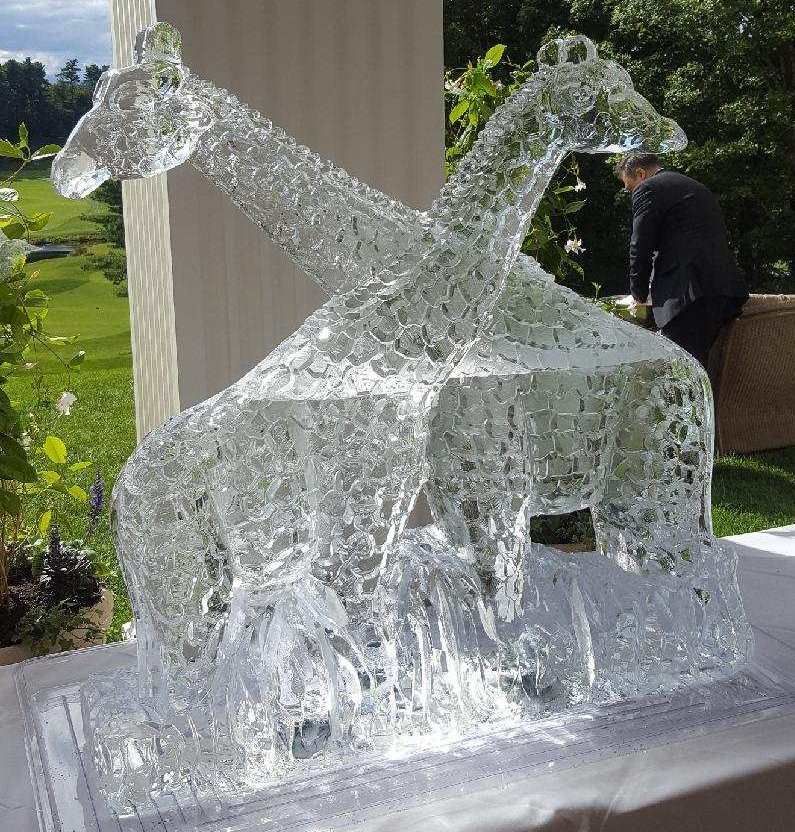 Clear ice sculpture of a horse or dog on a table outdoors, with a person working in the background
