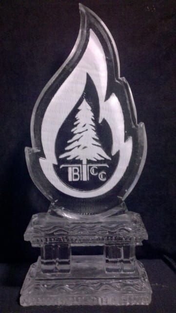 Clear flame-shaped glass trophy with a tree logo and the letters BTC on a transparent base.