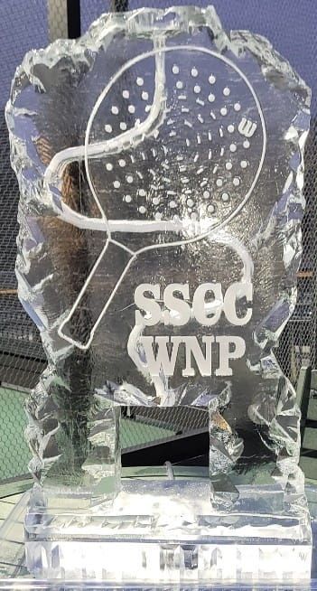 Clear glass trophy with golf-ball design and “ASGC WNP” text on a base