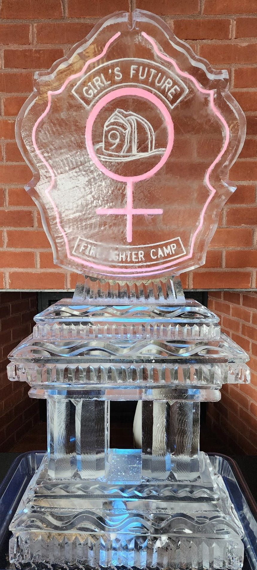 Clear glass trophy with pink etched logo and text on a red brick background