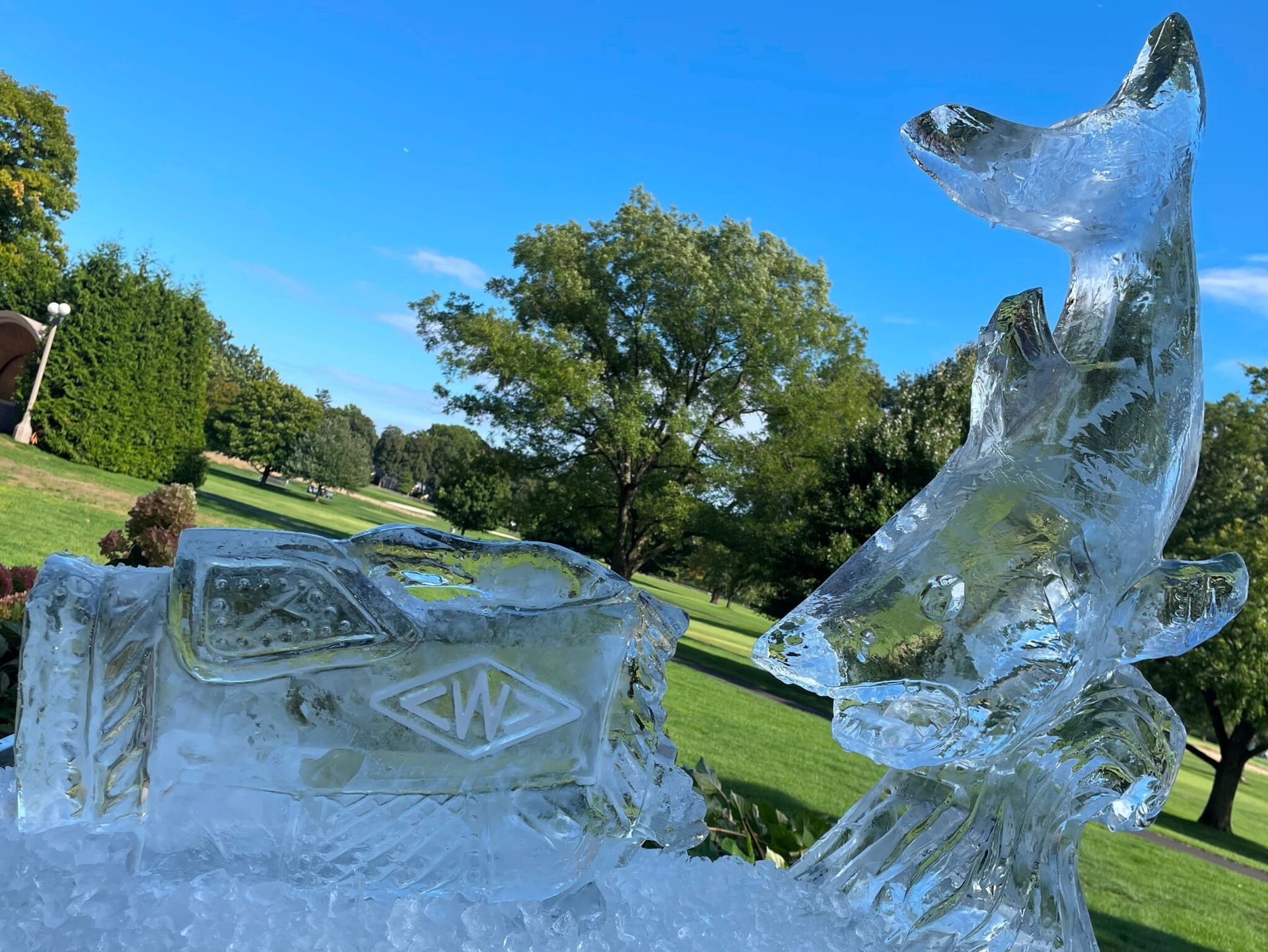 Clear ice sculptures on a grassy lawn under a blue sky, including a bear and block sculpture