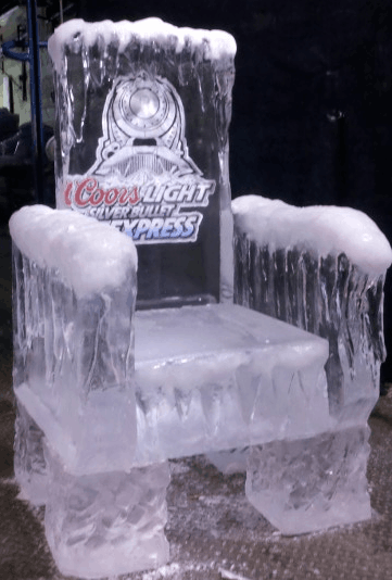 Ice-carved throne with frosty armrests and a “Coors Light Express” sign on the backrest.