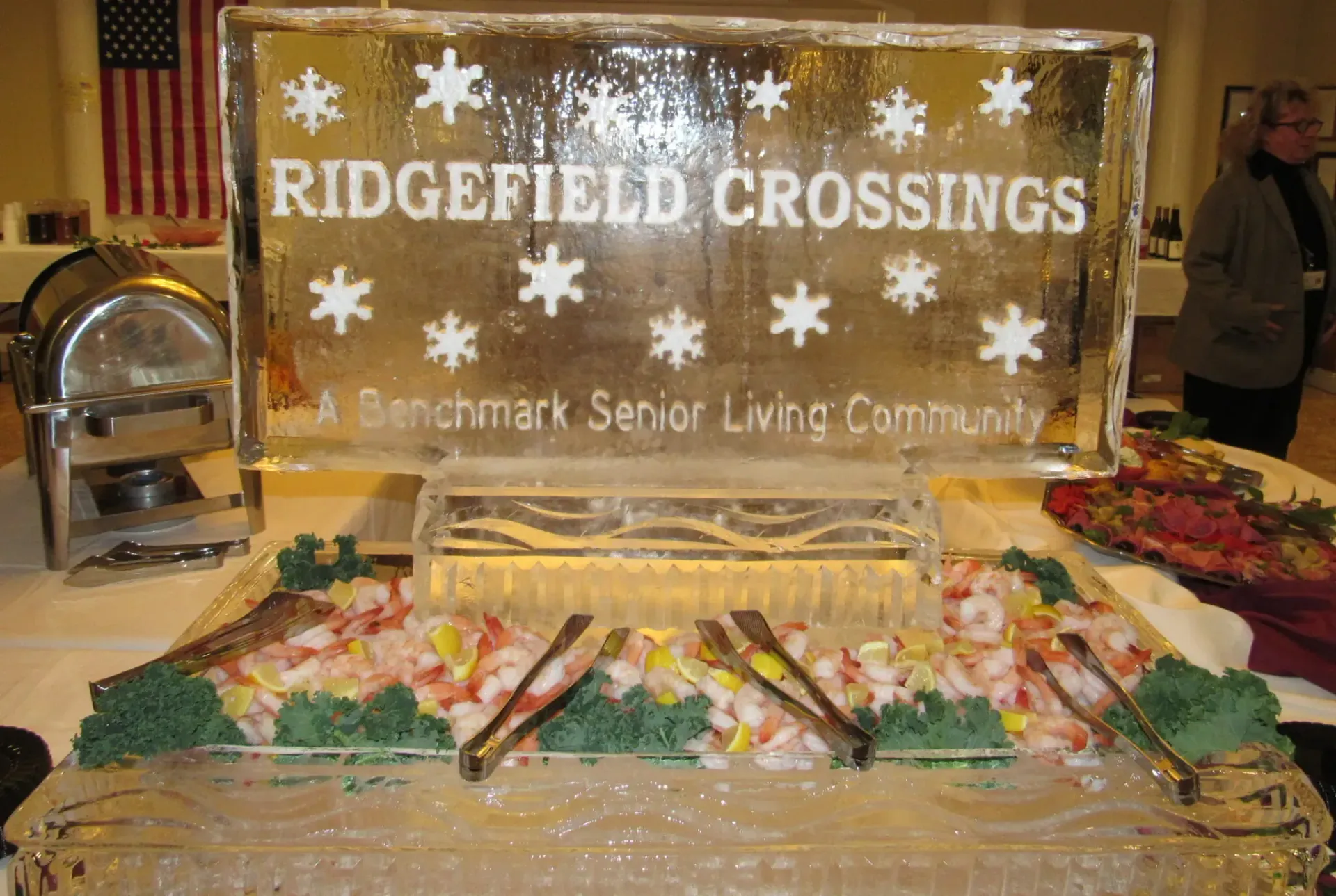 Ridgfield Crossings buffet display with holiday decorations and a festive dessert spread