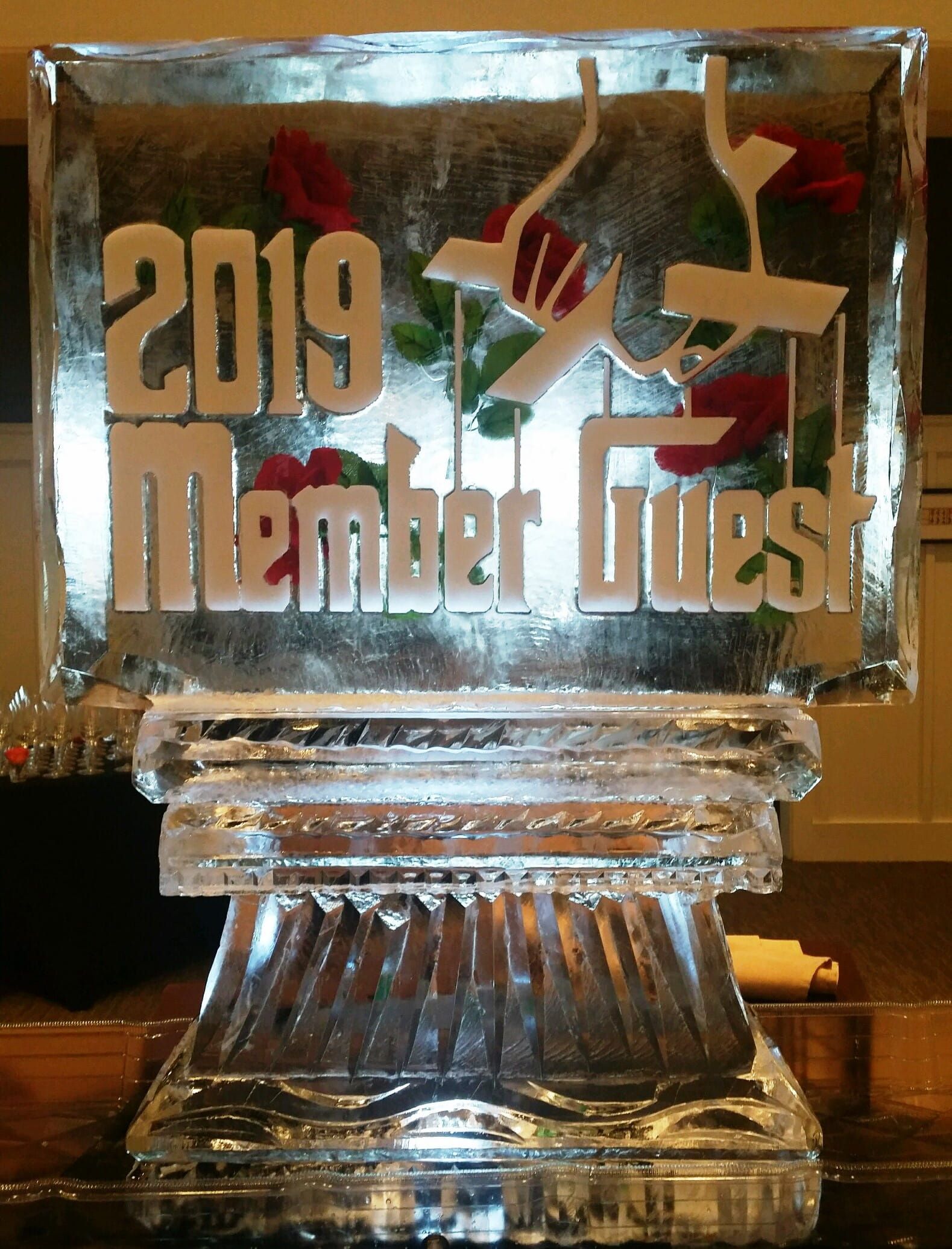 2019 Member Guest engraved glass trophy with golf club and golfer silhouette