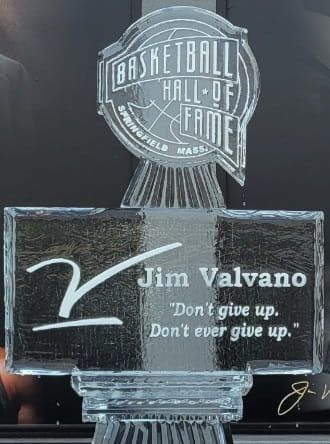Jim Valvano Basketball Hall of Fame trophy plaque with quote: “Don’t give up. Don’t ever give up.”