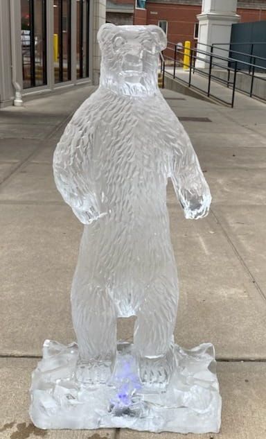 Clear ice sculpture of a standing bear on a sidewalk near a building entrance