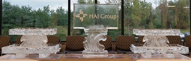 Outdoor stone water feature with “HAI Group” sign, flanked by benches and trees