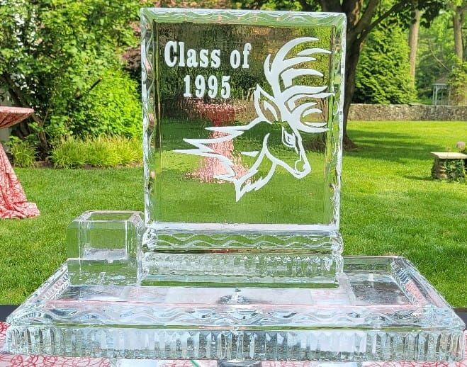 Glass award engraved “Class of 1995” on a grassy lawn
