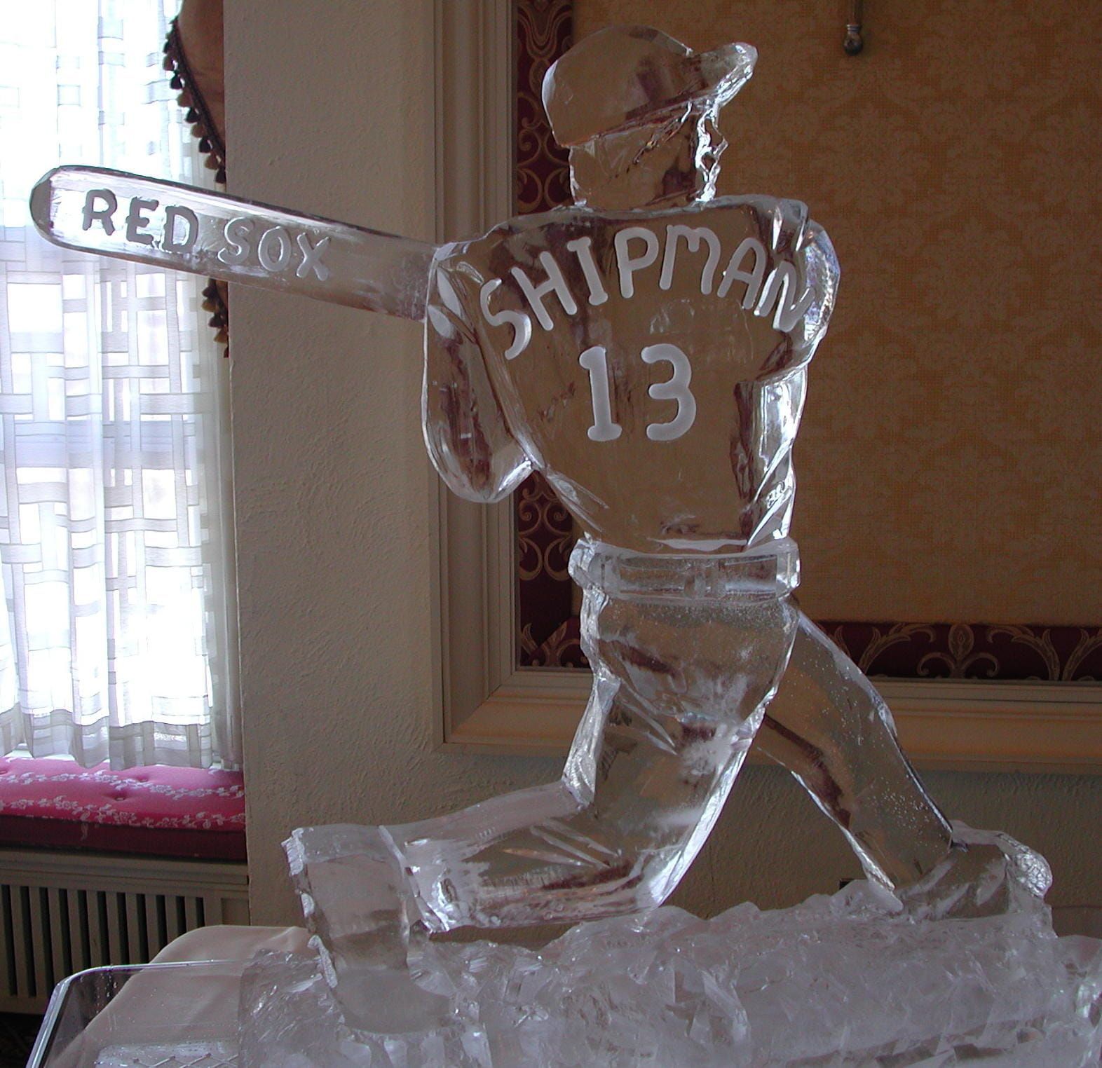 Ice sculpture of a baseball player in a 