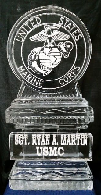 United States Marine Corps glass award with engraved emblem and plaque reading 
