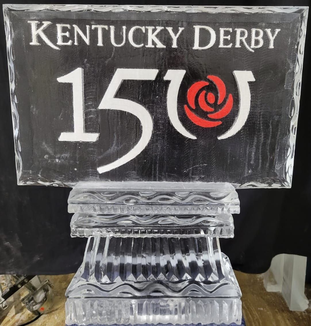 Kentucky Derby 150 sign with red rose logo on a clear stand