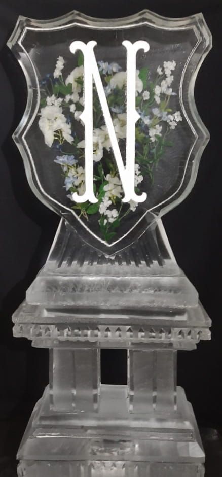Clear acrylic trophy with a large white “N” on a shield-shaped top against a dark background