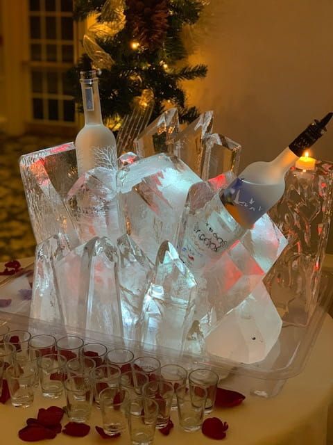 Ice bucket with chilled wine bottles and empty glasses on a table, with red rose petals and a lit tree in the background