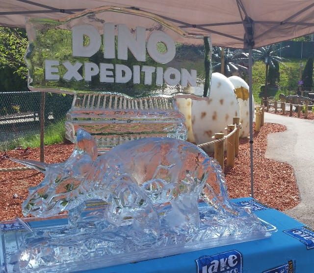 Dino Expedition sign above an outdoor display with a clear dinosaur sculpture and white dinosaur figures