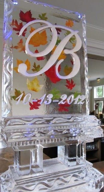 Clear ice sculpture with a stylized 