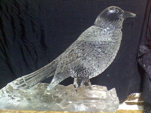 Clear glass bird sculpture perched on an ice-like base against a black background