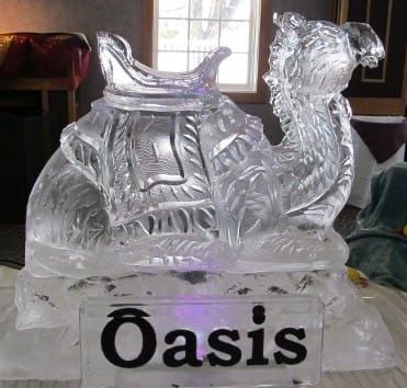 Clear ice sculpture of a seated camel with “Oasis” sign in front