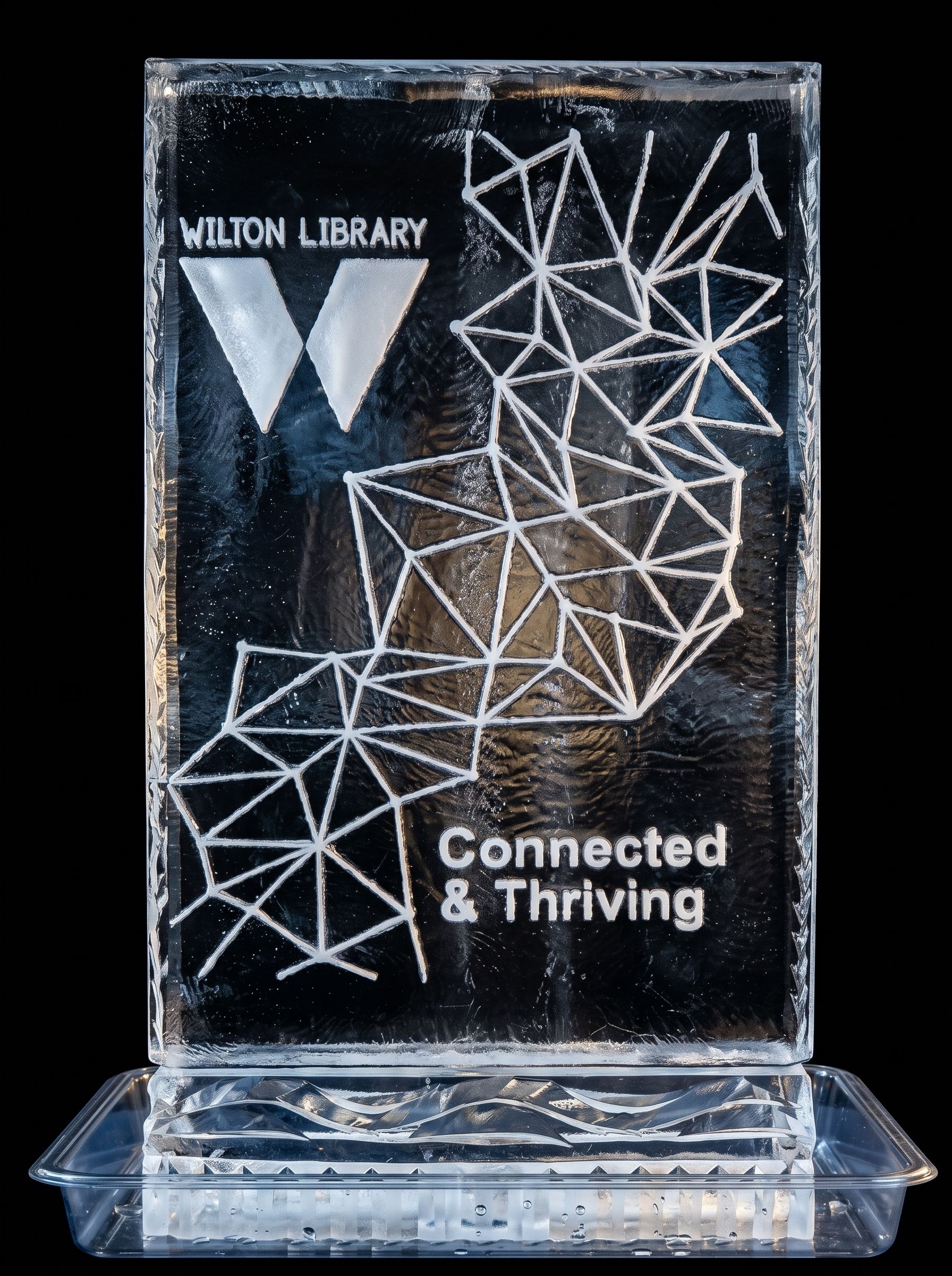 Clear crystal award with geometric pattern and “Connected & Thriving” text on a base