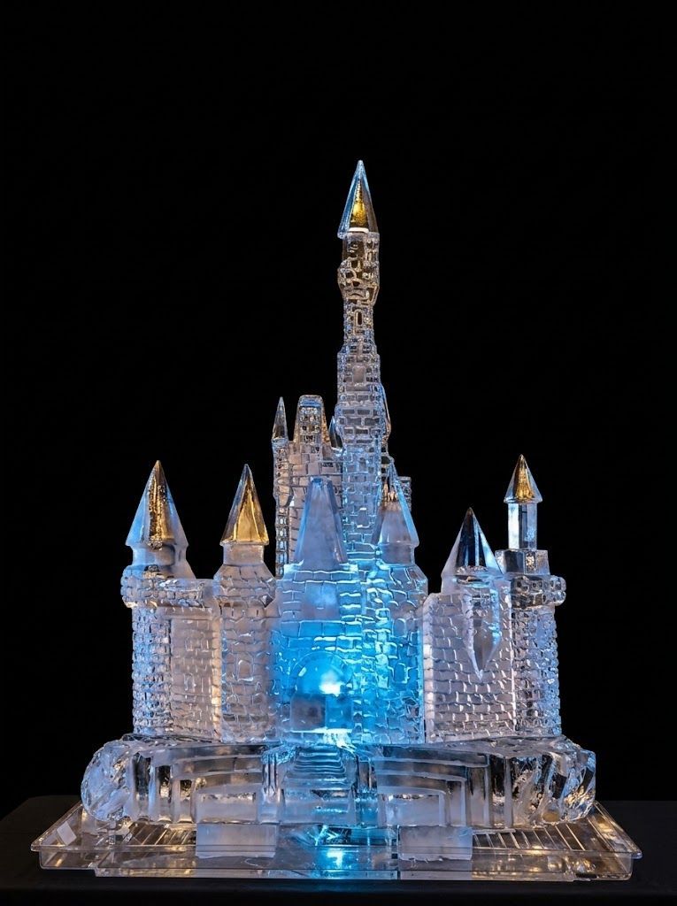 Crystal castle sculpture glowing blue on a dark background