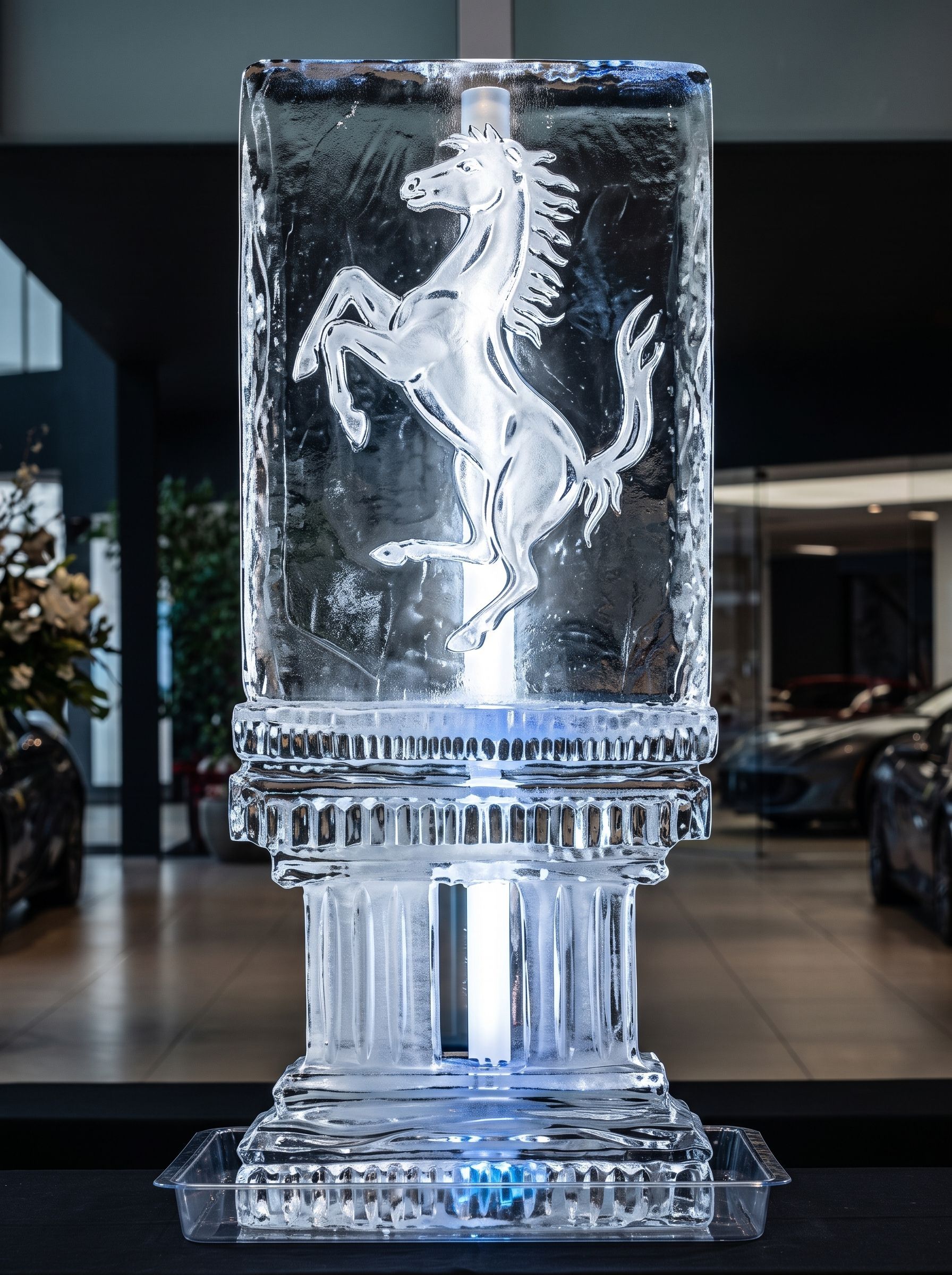 Ice sculpture of a rearing horse on a pedestal in a modern lobby