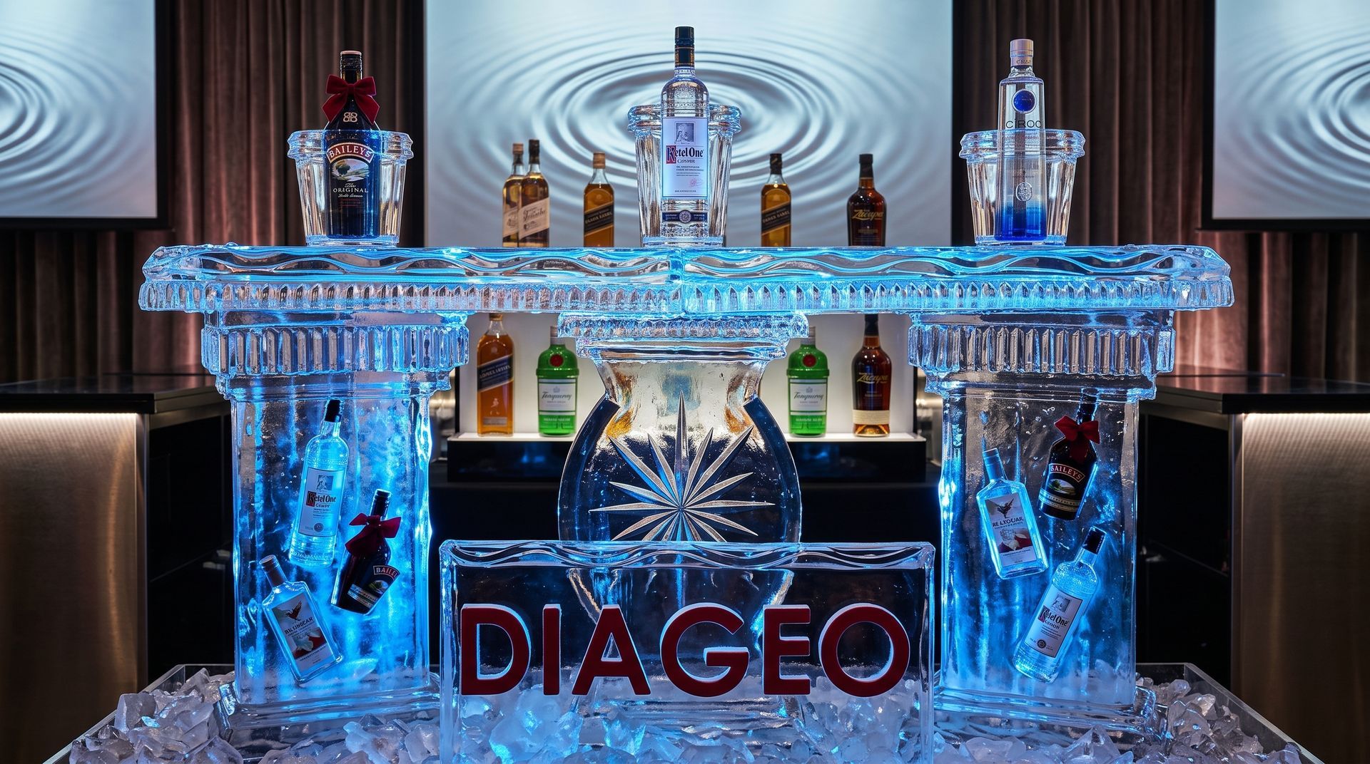 Ice bar display with illuminated bottles and large DIAGEO logo in blue lighting