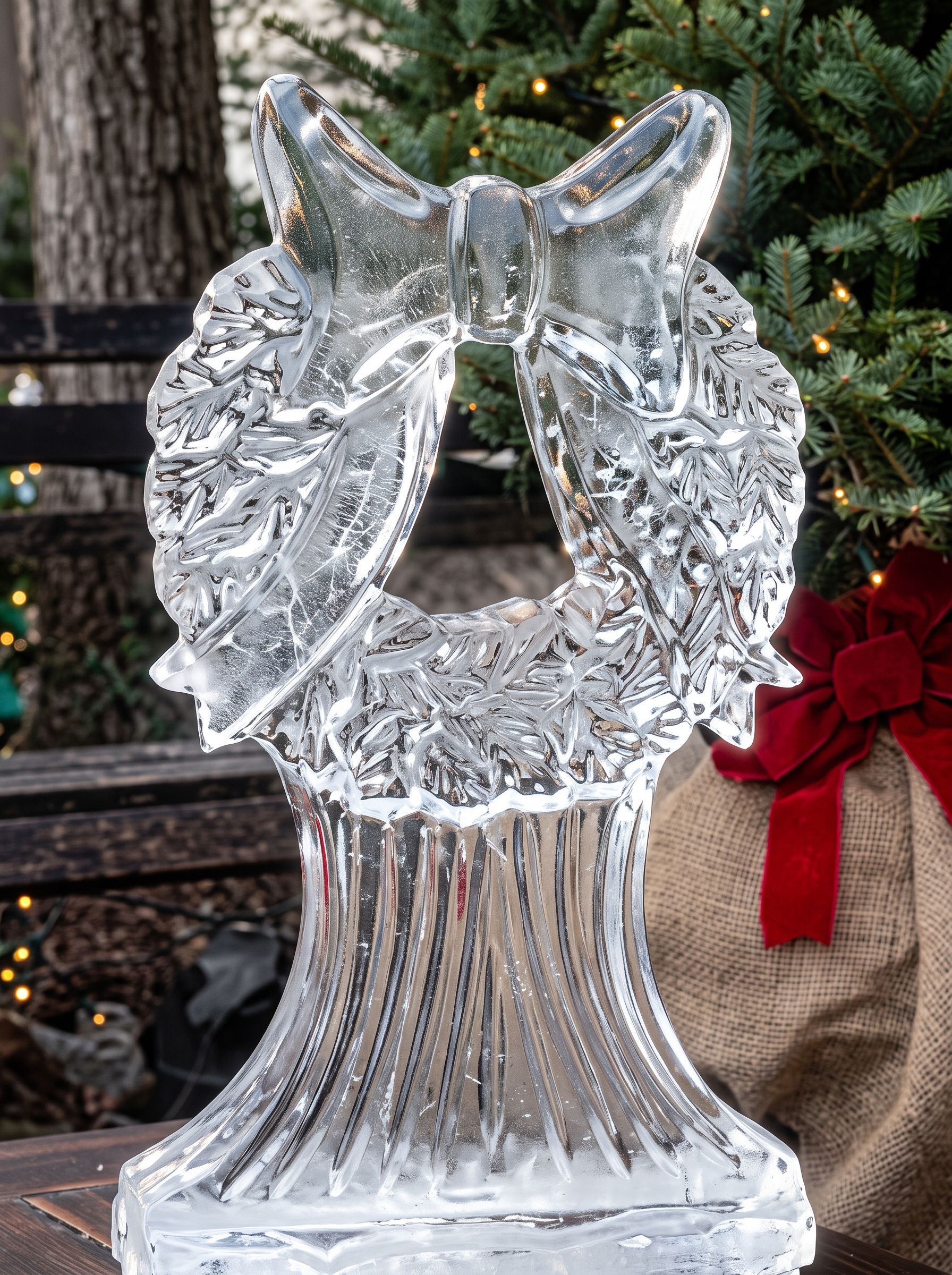 Silver glass angel tree topper with a wreath design, displayed against a holiday background