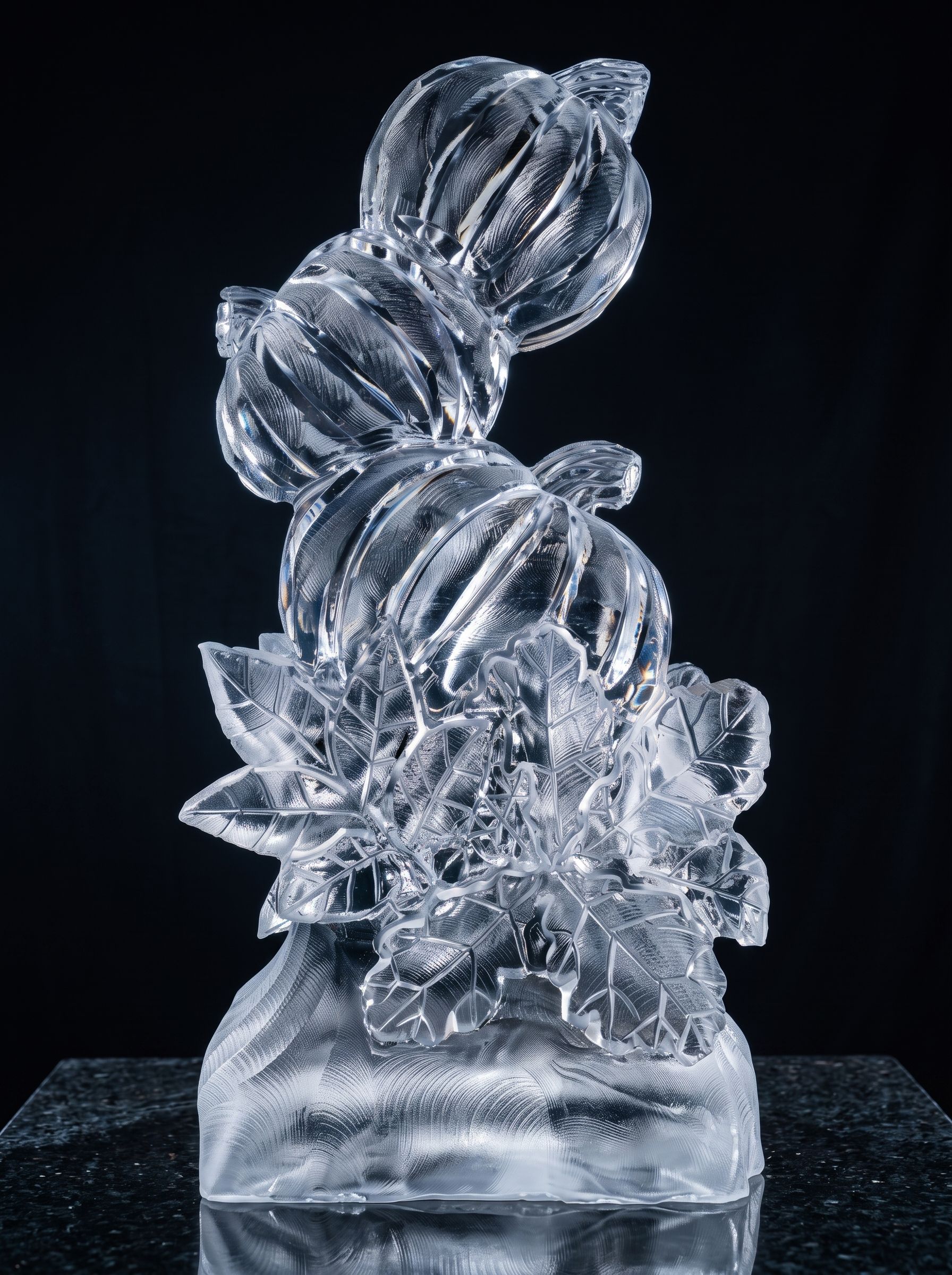 Transparent abstract ice sculpture on a dark background