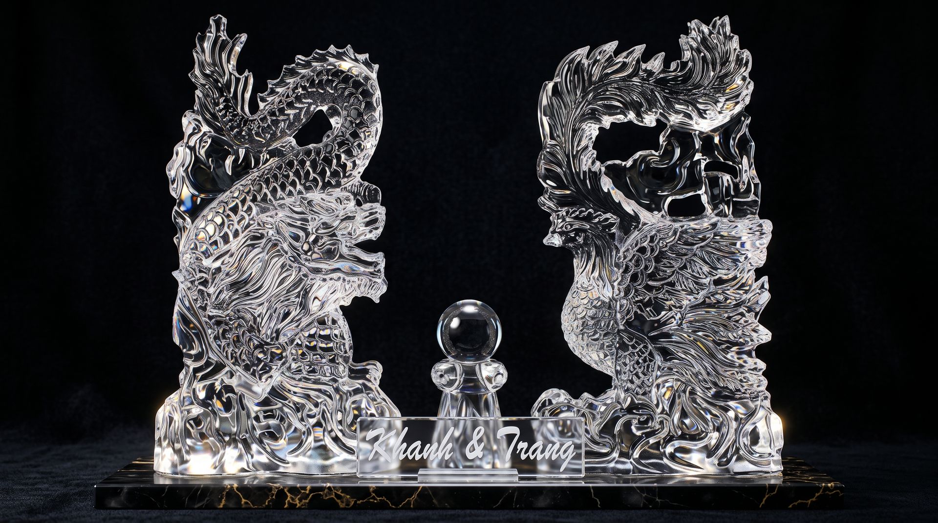 Twin crystal dragon sculptures facing each other on a dark background, with a small orb between them.
