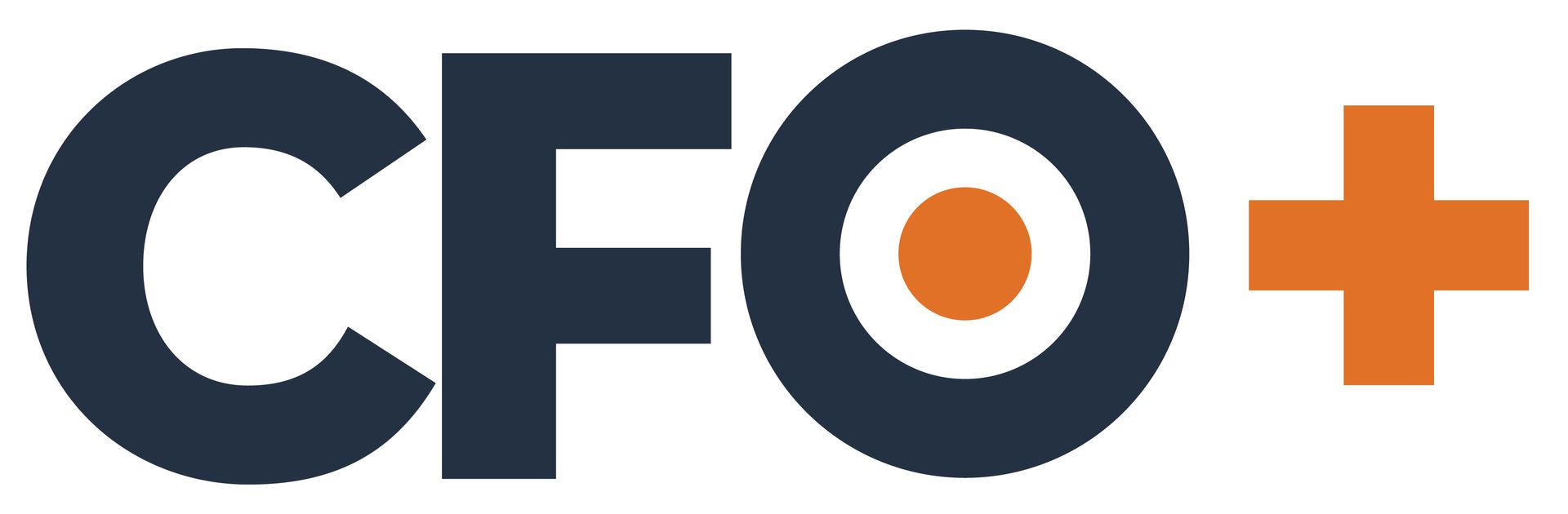 CFO+ logo. Dark blue letters and O with orange target. Orange plus sign.