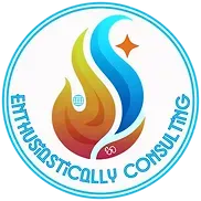 Logo: Flame-shaped design in orange, yellow, and blue. Text 