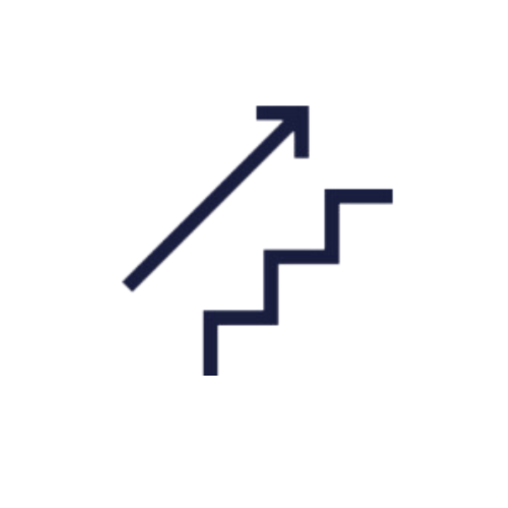 Dark blue staircase with an arrow pointing upwards.
