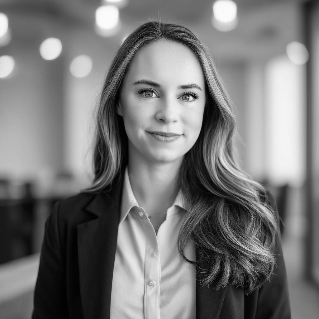 Woman in blazer, button-down, smiling, looking at the camera, in an office setting.