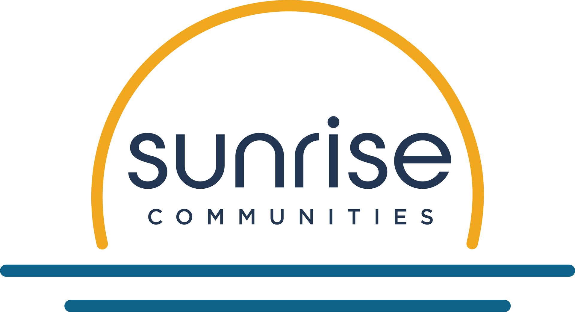 Sunrise Communities logo with a gold sun and blue text on a horizontal blue bar.