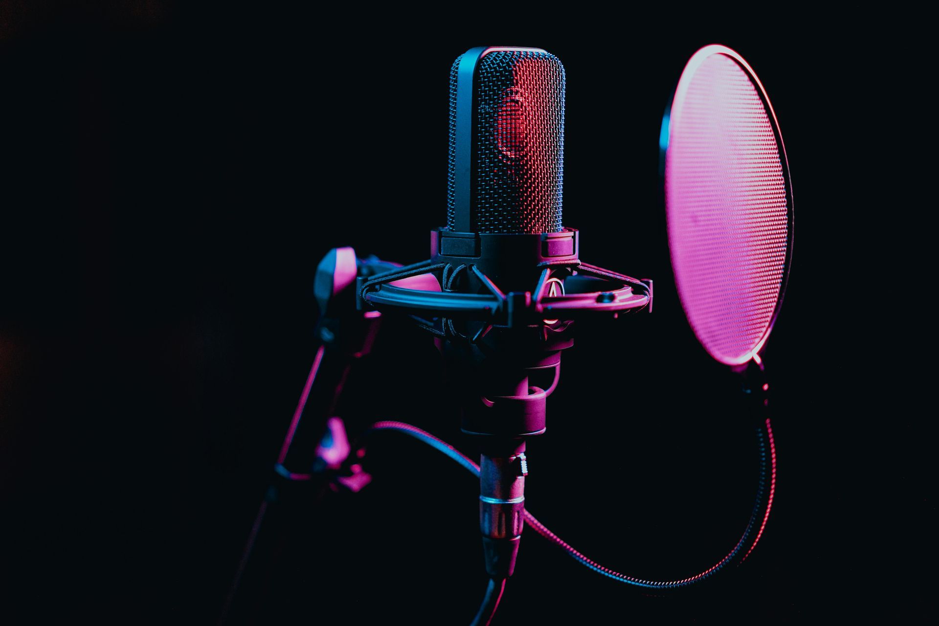 Studio microphone with pop filter, illuminated by purple and pink lights against a dark background.