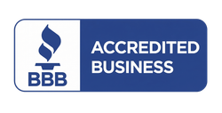 BBB A+ Rating logo: Blue background, white flame, and 