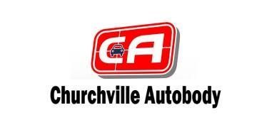 Logo for Churchville Autobody: red and white emblem with "CA" and a car outline; black text "Churchville Autobody" below.
