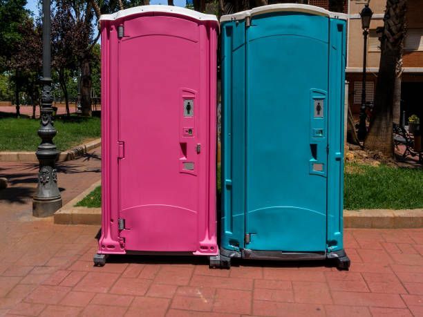 Two portable toilets, one pink and one blue, standing side by side on a brick walkway outdoors