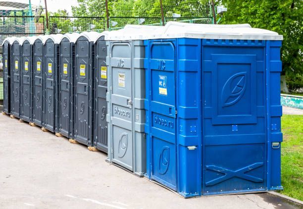 Row of portable toilets, including a blue unit in front, beside a walkway outdoors