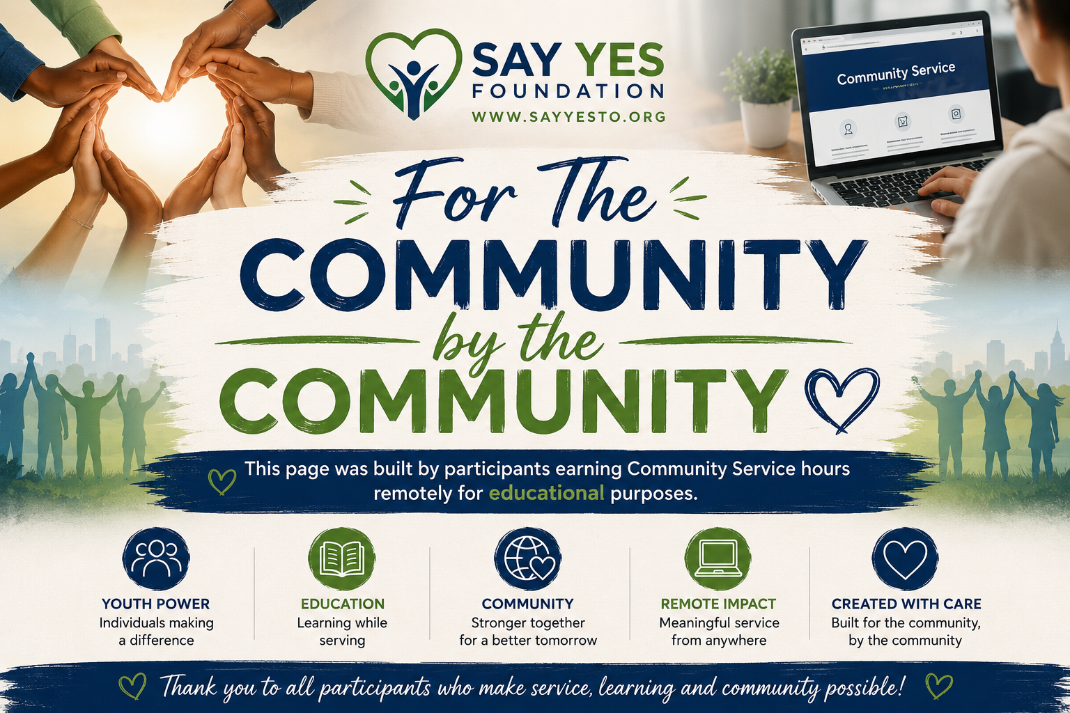 Say Yes Foundation poster: “For the Community, by the Community” with hands forming a heart and blue-green branding