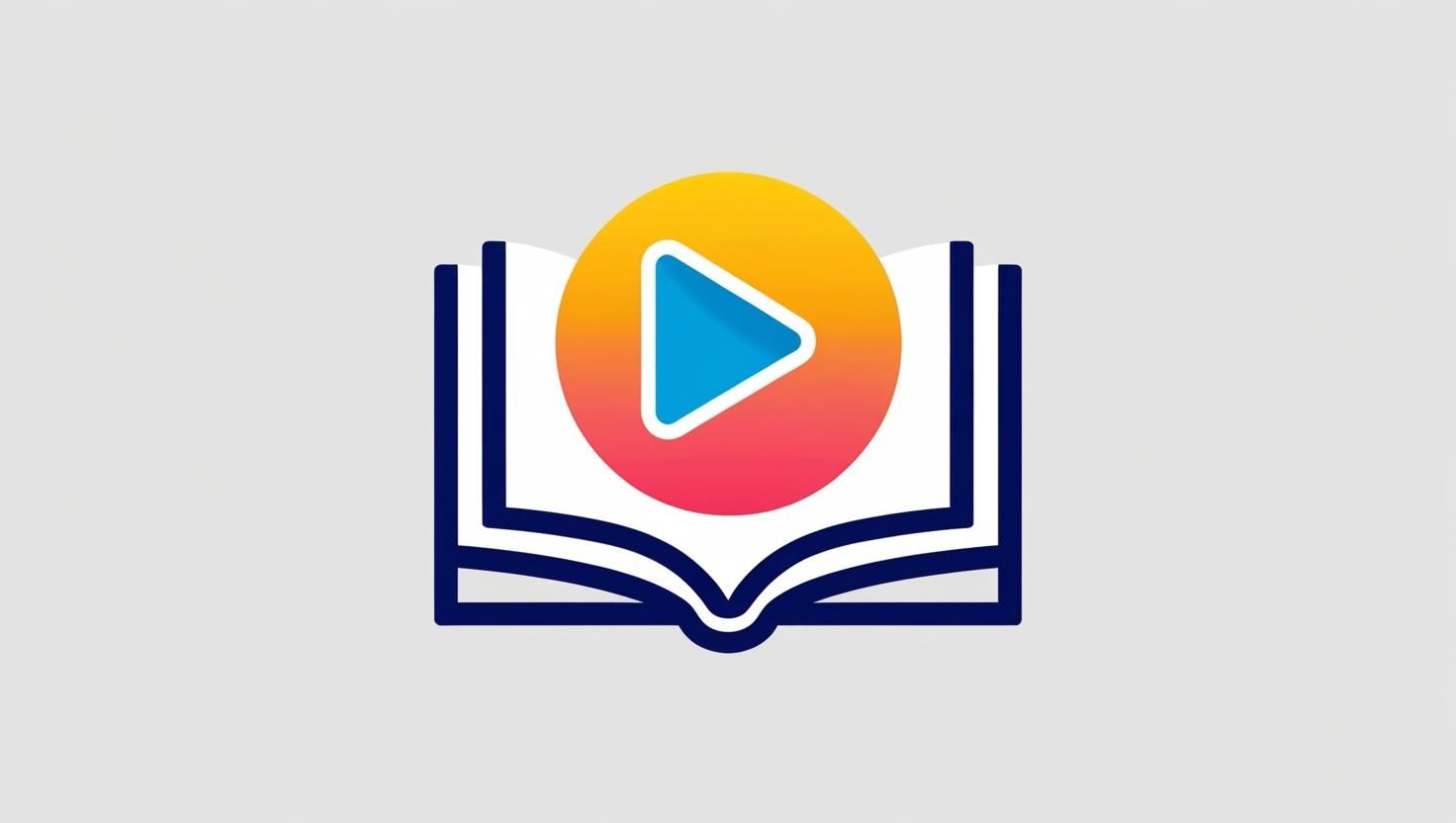 Open book icon with colorful play button centered above the pages