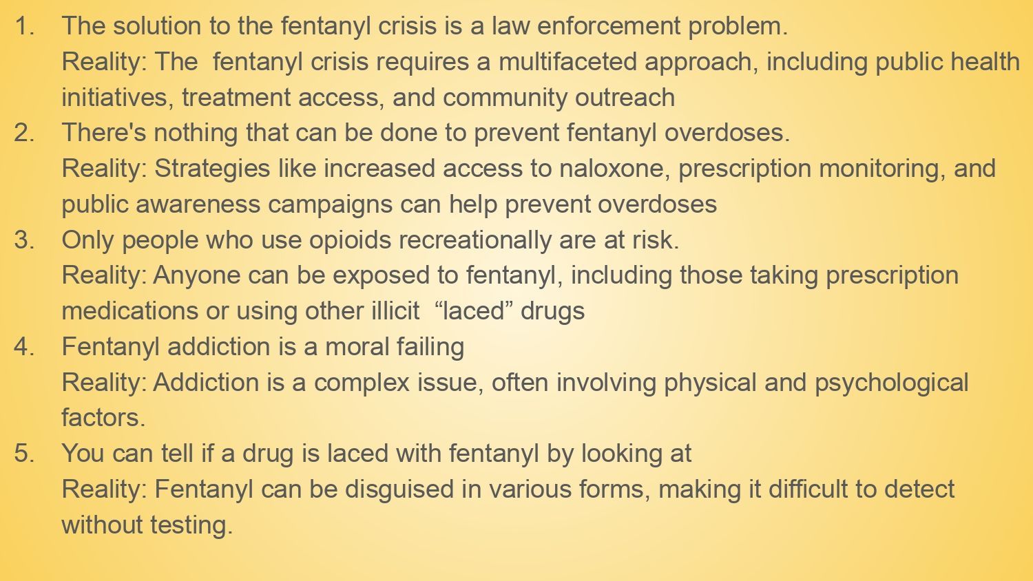 Yellow slide with text on fentanyl crisis, risks, and prevention tips
