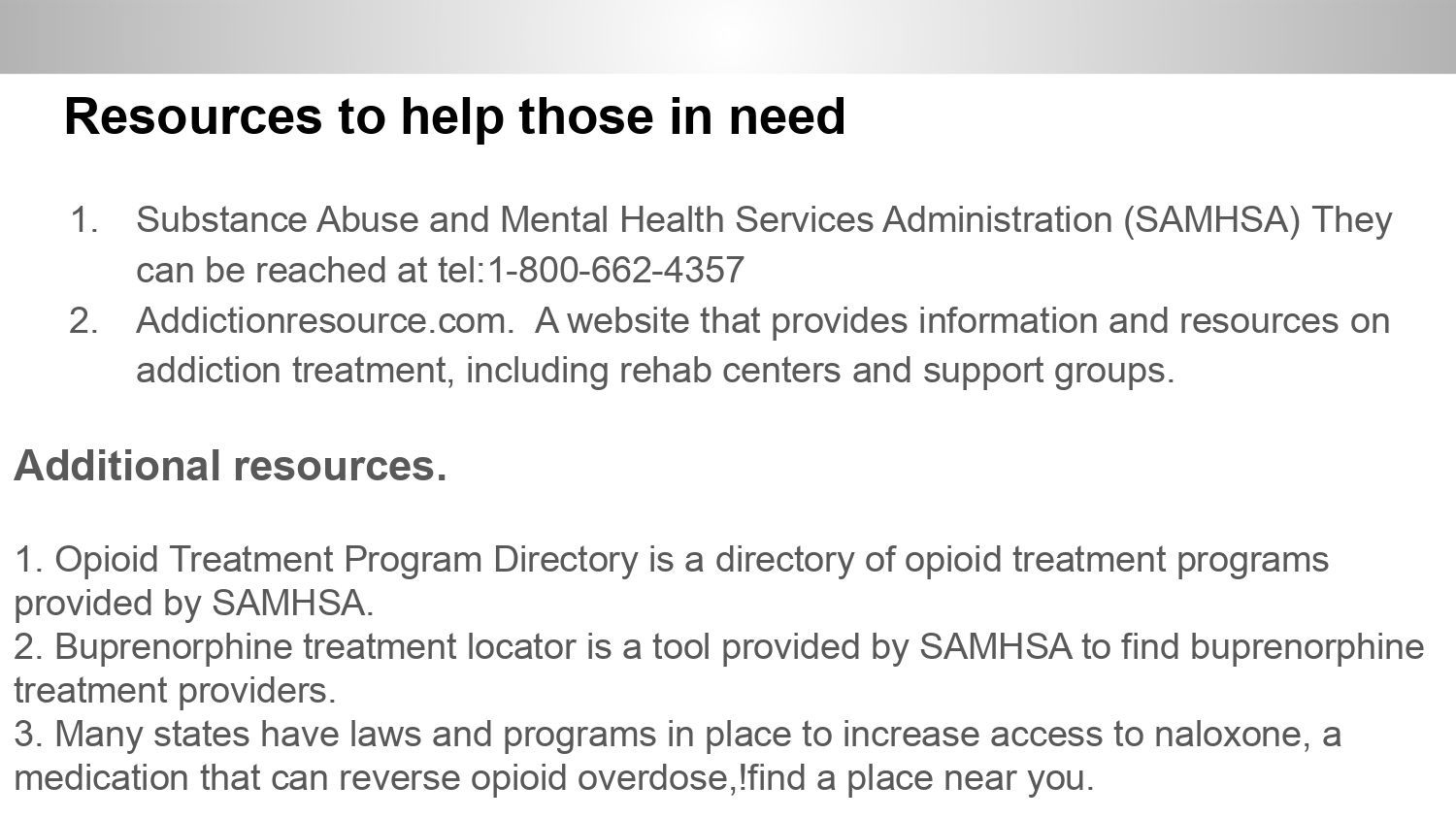 Resources for mental health help and additional resources, with hotline and program information.