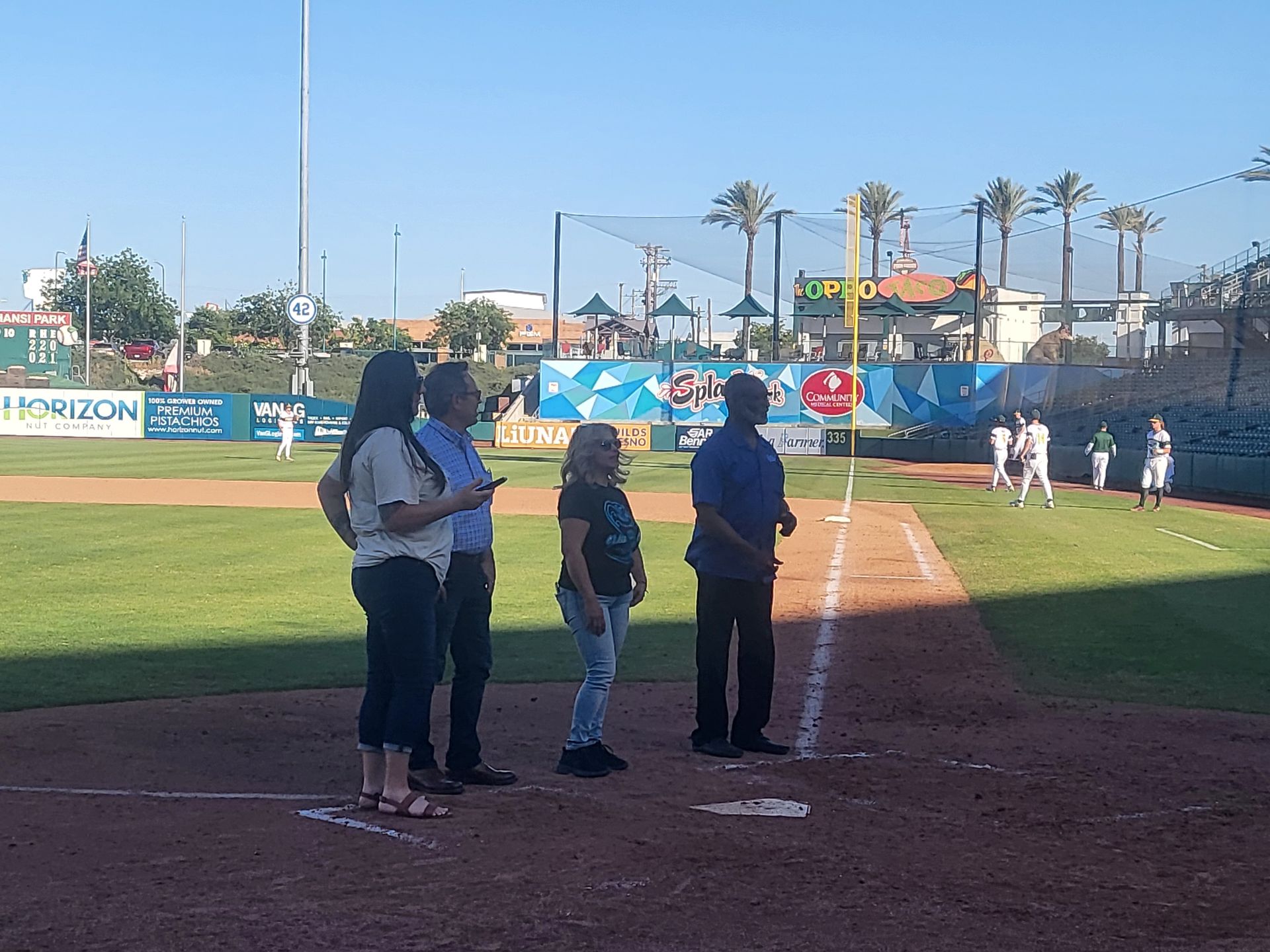 People standing on a baseball field near home plate during a game, with outfielders and palm trees in the background