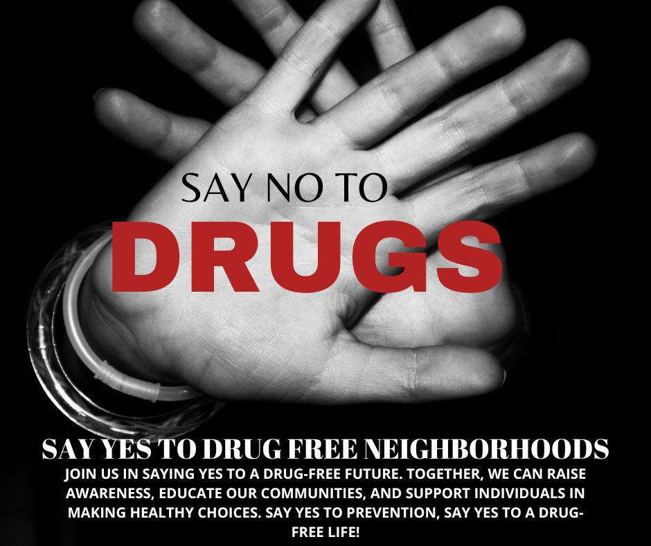 Anti-drug poster with raised hand blocking the word “DRUGS” and text saying no to drugs