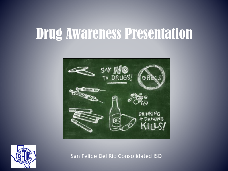 Drug Awareness Presentation slide with chalkboard anti-drug graphics on a dark blue background