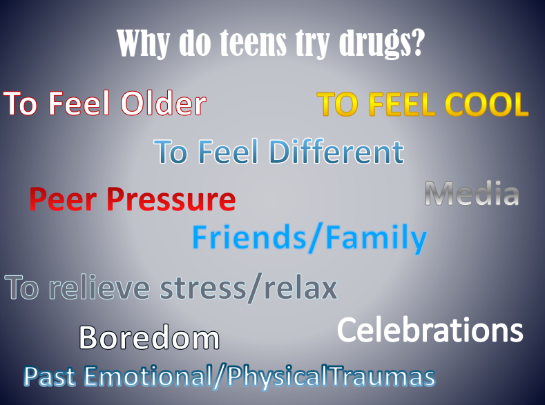 Infographic: “Why do teens try drugs?” with reasons like peer pressure, boredom, stress, and celebrations.