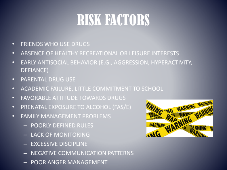 Risk factors slide with white text on gray background and yellow warning tape graphic