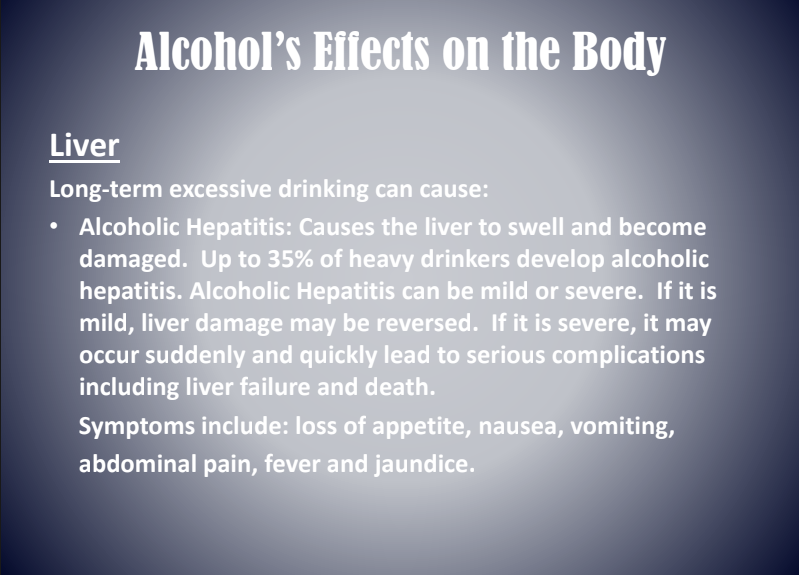 Alcohol’s Effects on the Body: liver damage warning with symptoms listed on a blue gradient slide