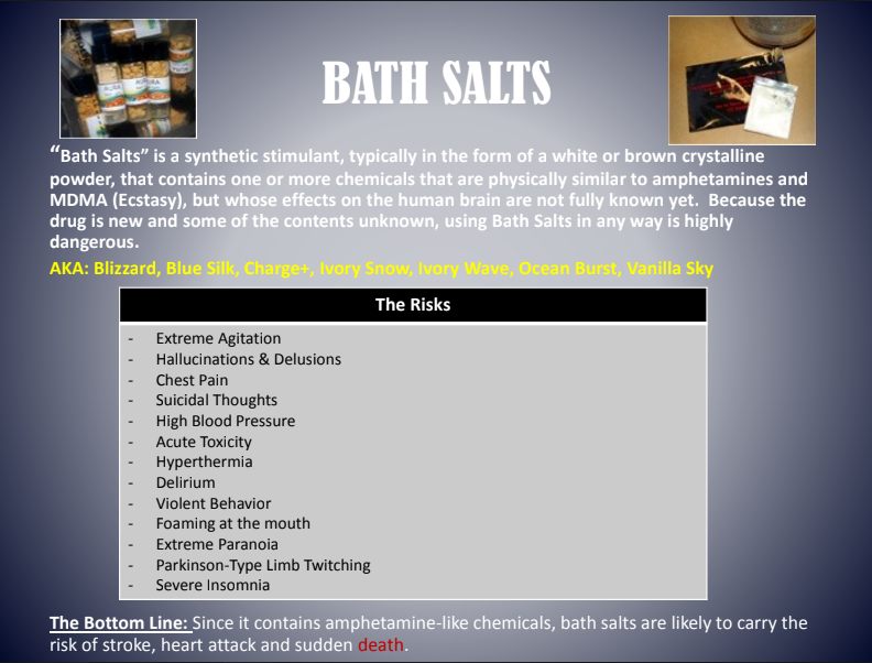 Bath salts warning graphic with warning signs and risks listed on a gray panel under a white title