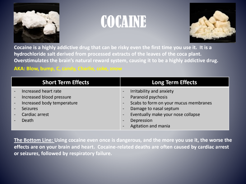 Cocaine awareness infographic with drug crystals, title, and short- and long-term effects lists